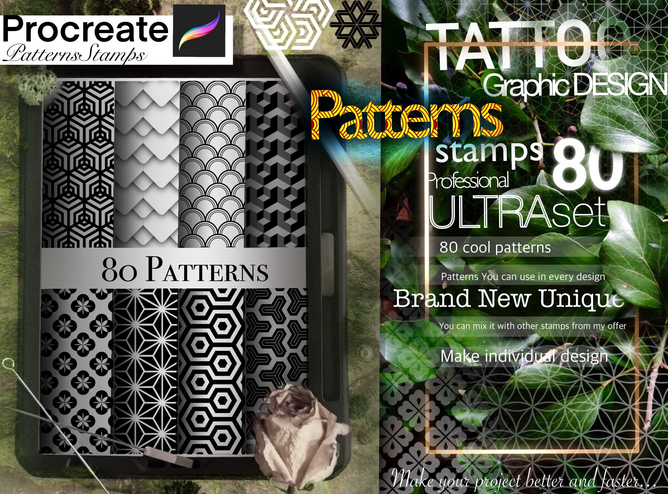 Paquete de 80 sellos de patrones para Procreate – Set cool de tatuaje y diseño para artistas en iPad