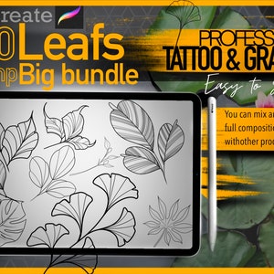 May include: A digital illustration of 150 leaf designs for use in Procreate. The image shows a variety of leaf shapes and styles, including ginkgo, monstera, and palm leaves. The text "Procreate 150 Leafs Stamp Big bundle PROFESSIONAL TATTOO & GRAPHIC Easy to Stencil" is visible in the image.