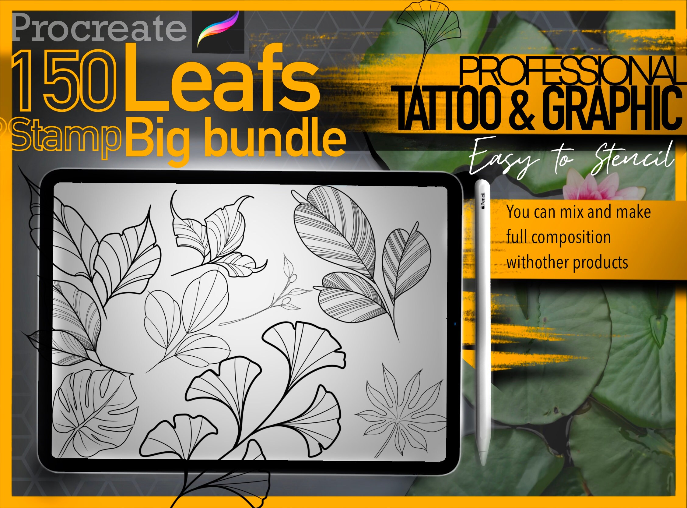150 Leafs Incredible Professional Big Bundle hand drawn for procreate!! for tattooers(You can make full composition)FOR PROCREATE APP.