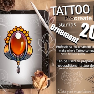 May include: A digital illustration of a gemstone ornament with a yellow and orange color scheme. The image is displayed on a tablet screen. The text "TATTOO Procreate stamps Ornament 20+" is displayed on a brown background.