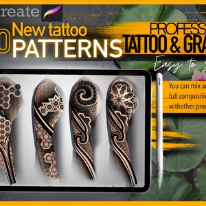 Könnte beinhalten: Ein digitaler Tablet-Bildschirm zeigt 110 neue Tattoo-Muster. Die Muster sind schwarzweiß und in einem Raster angeordnet. Der Text "Procreate" und "New tattoo patterns" ist oben auf dem Bildschirm sichtbar. Der Text "Professional Tattoo & Graphic" ist oben rechts auf dem Bildschirm sichtbar. Der Text "Easy to Stencil" ist unter dem Text "Professional Tattoo & Graphic" sichtbar. Der Text "You can mix and make full composition withother products" ist unten rechts auf dem Bildschirm sichtbar.