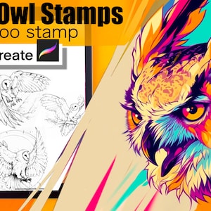 Pode incluir: Uma ilustração digital de uma coruja colorida com um olho amarelo brilhante. A coruja está em um estilo gráfico com uma paleta de cores vibrantes. A imagem também mostra uma tela de tablet com o logotipo do Procreate e o texto "60 Owl Stamps Tattoo stamp".