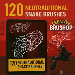 Set med 120 neotraditionella ormpenslar för Procreate – Bygg kompletta tatueringskompositioner | Digitala stämplar för tatuerare