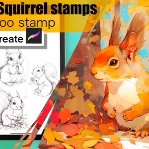 May include: A digital illustration of 40 squirrel stamps for Procreate. The image shows three different squirrel designs in black and white, and a colorful illustration of a squirrel in a forest setting. The text "40 Squirrel Stamps" and "Tattoo Stamp" are visible at the top of the image.