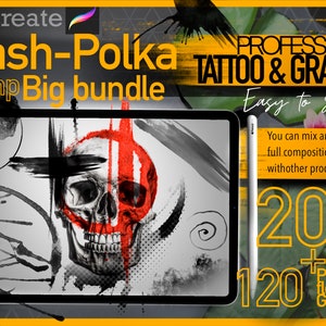 Puede incluir: Una ilustración digital de una calavera con acentos rojos y negros en la pantalla de una tableta. El texto "Trash-Polka Tattoo & Graphic Stamp Big Bundle" está en la esquina superior izquierda de la imagen. El texto "Easy to Stencil" está en la esquina superior derecha de la imagen. El texto "200 + 120 Pressed Flowers Gratis" está en la esquina inferior derecha de la imagen.