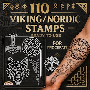 May include: A digital art product featuring 110 Viking and Nordic stamps for Procreate. The image displays various designs, including a wolf, a tree, and a circular knot pattern. The text reads "VIKING/NORDIC STAMPS" and "READY TO USE".