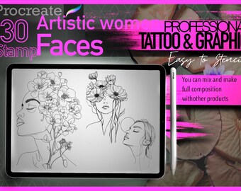 30 Artistic women faces with flowers for procreate!! Must have for tattooers (You can make full composition)FOR PROCREATE APP.