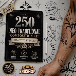 May include: A black Neo Traditional Composition Kit with the text "250" and "Ready to Stencil." The kit includes 250 premium stamps and is designed for tattoo artists. A white stylus and tattoo design examples are also visible.