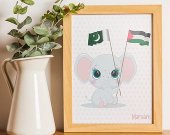 Elephant Nursery Print | Palestine Flag Art, Customizable