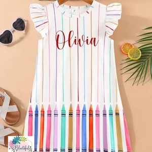 Kindergarten Back to School Dress, Crayon Dress, White School Dress, Pre-K and Kindergarten Girl Dress, Personalization Available