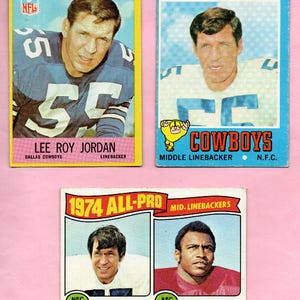 Lee Roy Jordan 1967 - 1975 lote de 3 cartas com o novato Dallas Cowboys / Alabama