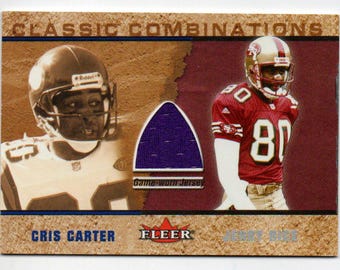 Cris Carter 2002 Fleer Classic Combination game-worn Jersey card with Jerry Rice