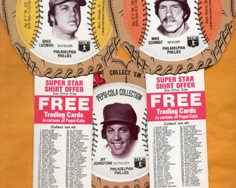 Mike Schmidt in 1977 Pepsi-Cola Collection Glove Discs with Philadelphia Phillies Luzinski and Johnstone no creases
