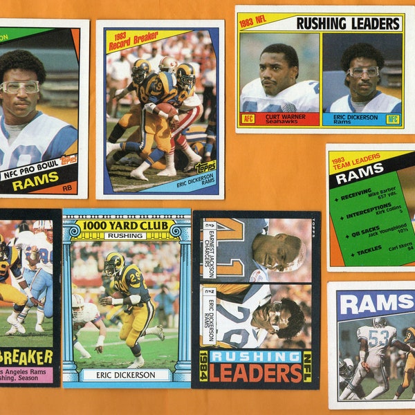 VINTAGE 1984 - 1987 Topps Eric Dickerson 8 card lot w/ ROOKIE card Los Angeles Rams / SMU no creases