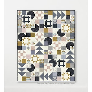 Pode incluir: Um padrão de acolchoado chamado "Mix & Mingle" que apresenta um design geométrico com uma variedade de formas e cores, incluindo preto, branco, dourado, rosa e azul. O padrão mede 58 1/2 polegadas por 72 polegadas e foi projetado por Natalie Crabtree.