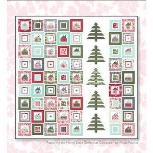 Könnte beinhalten: Ein Patchwork-Quilt mit dem Titel "Snowed In" mit einem sich wiederholenden Muster aus Häusern und Bäumen in roten, grünen und grauen Quadraten. Der Quilt misst 190,5 cm x 190,5 cm. Das Design stammt aus der Merry Little Christmas Collection von Moda Fabrics.