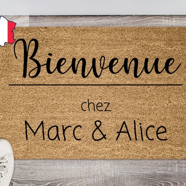 Paillasson bienvenue chez , personnalisable prénoms, texte ou nom de famille, cadeau personnalisable maison, idée cadeau mariage