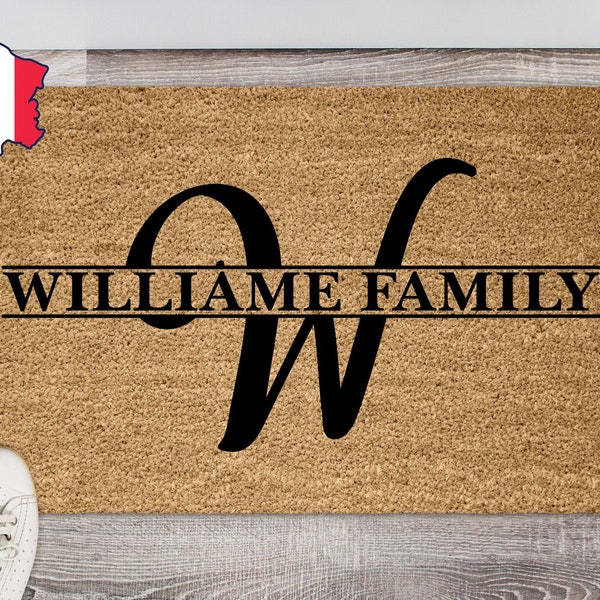 Paillasson monogramme, tapis brosse en fibre de coco personnalisable, cadeau de mariage - made in france