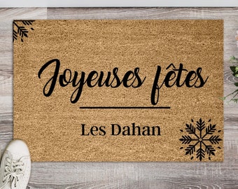 Paillasson Joyeuses fêtes, nom de famille personnalisable, décoration maison Noël