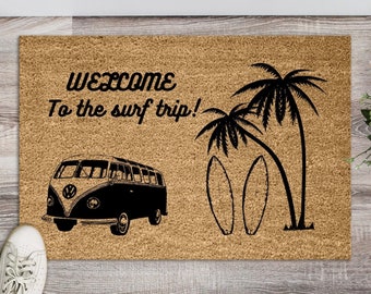 Surf doormat, custom welcome door mat, beach outdoor rug, surf gift idea, hippi Volkswagen van decor