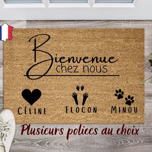 Welcome to our home doormat, custom paw prints decor, personalized rabbit gift, names door mat, natural coir outdoor rug