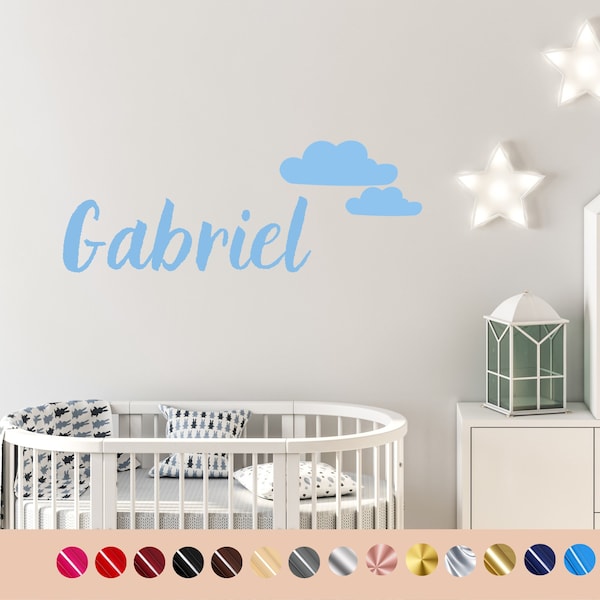 Prénom mural adhésif, autocollant mural personnalisé, prénom chambre bébé de 15 cm à 150 cm de long ,motif nuage coeur étoiles ou lune