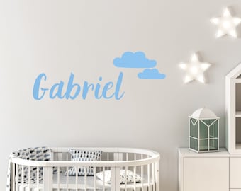 Prénom mural adhésif, autocollant mural personnalisé, prénom chambre bébé de 15 cm à 150 cm de long ,motif nuage coeur étoiles ou lune