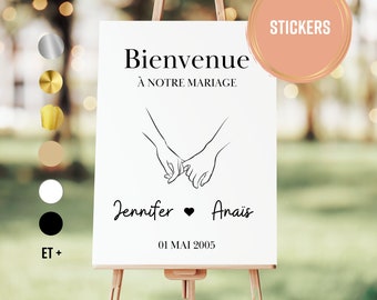 Stickers pannneau de mariage personnalisable, texte adhésif et mains dessin au trait