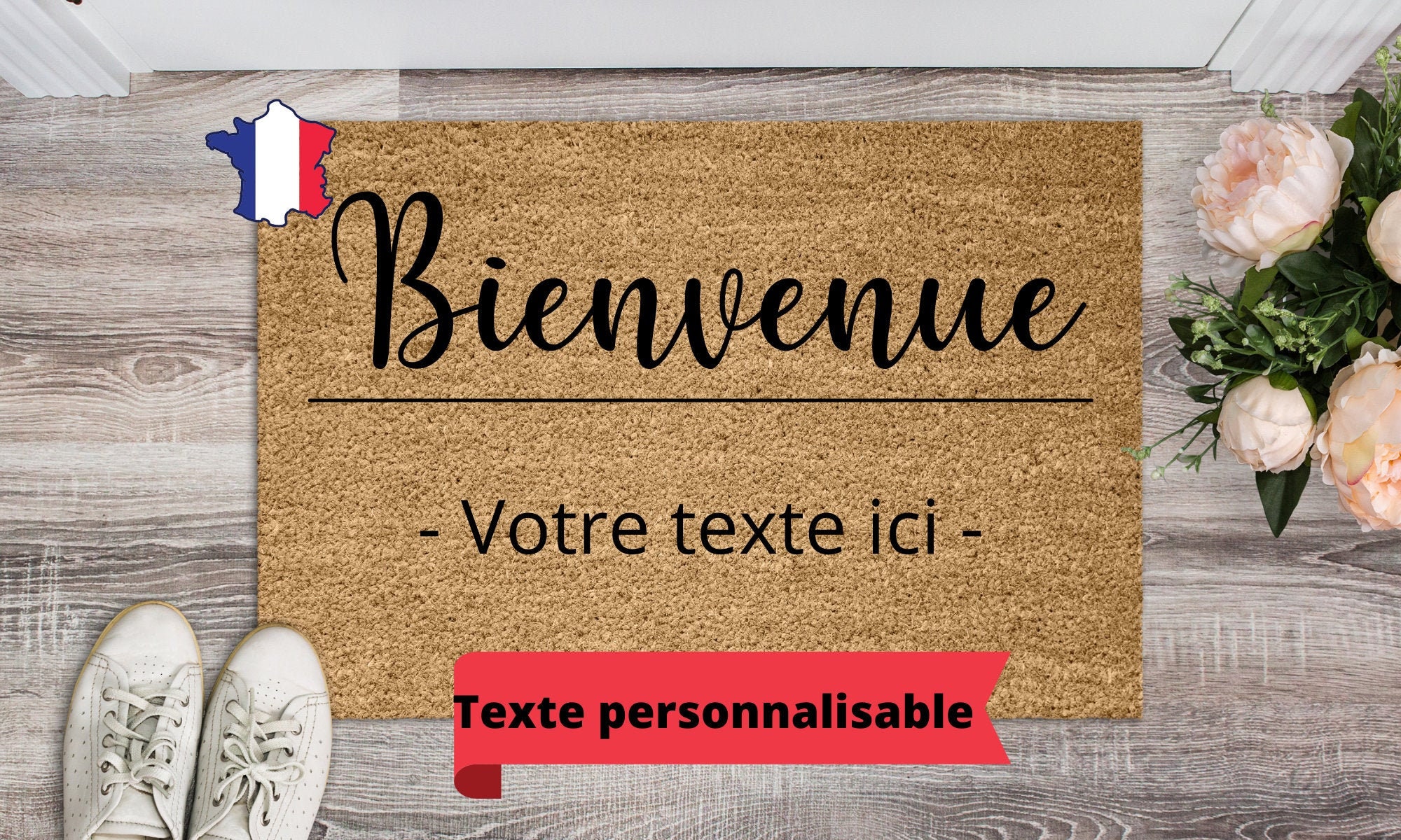 Paillasson Coco Bienvenue, Texte ou Nom de Famille, Cadeau Personnalisable Maison, Idée Mariage, Jeu