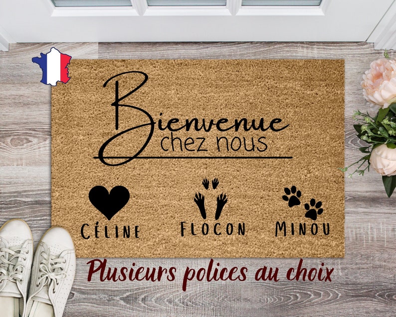 Welcome to our home doormat, custom paw prints decor, personalized rabbit gift, names door mat, natural coir outdoor rug image 1