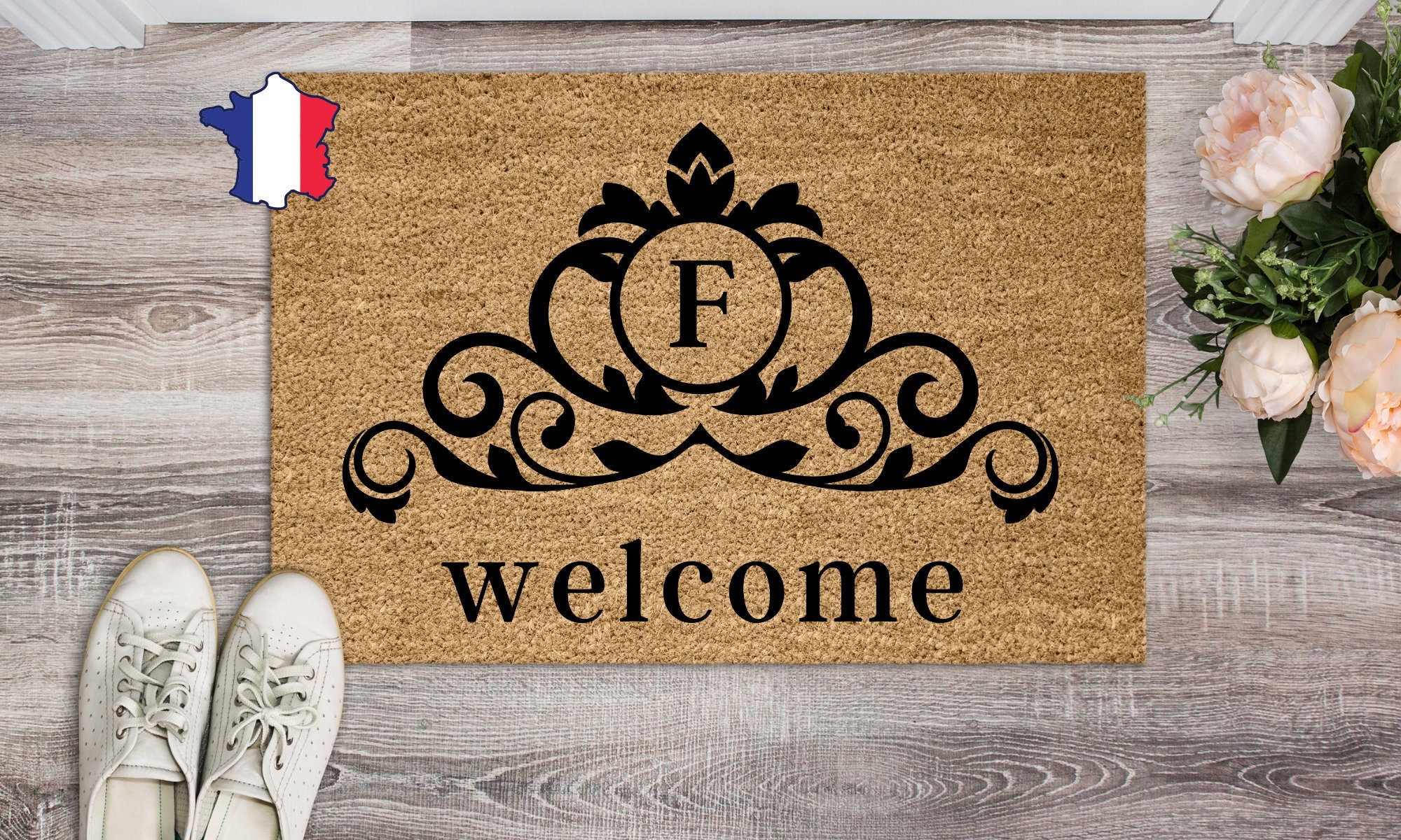 Paillasson Welcome Personalisable, Initiale Nom de Famille, Motif Classique Arabesque, Tapis Coco En