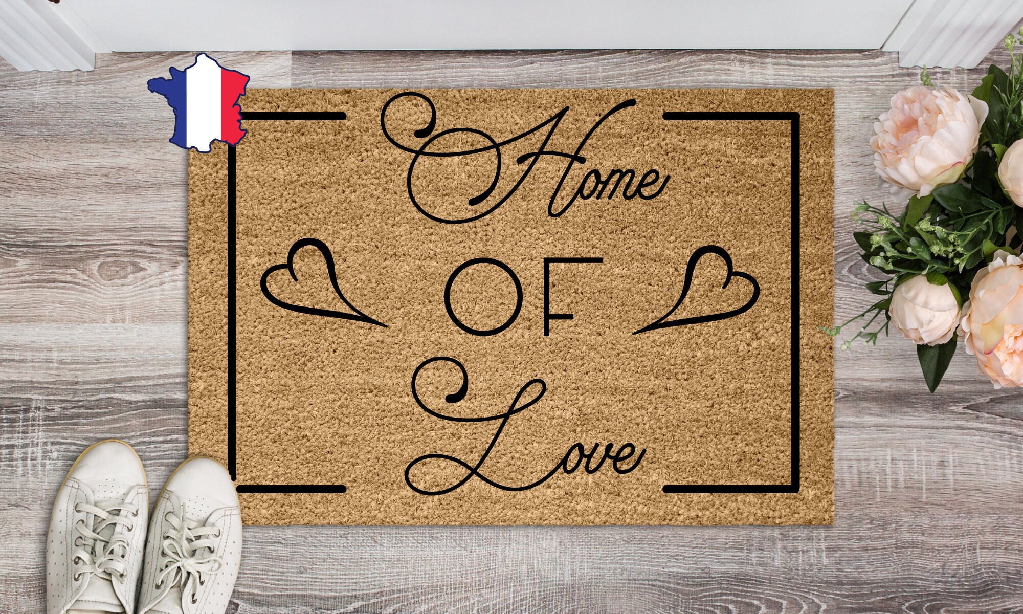 Home Of Love, Paillasson Coeur Personnalisable, Cadeau de Mariage, Cadeau Couple, Coco - 40 X 60 ou 