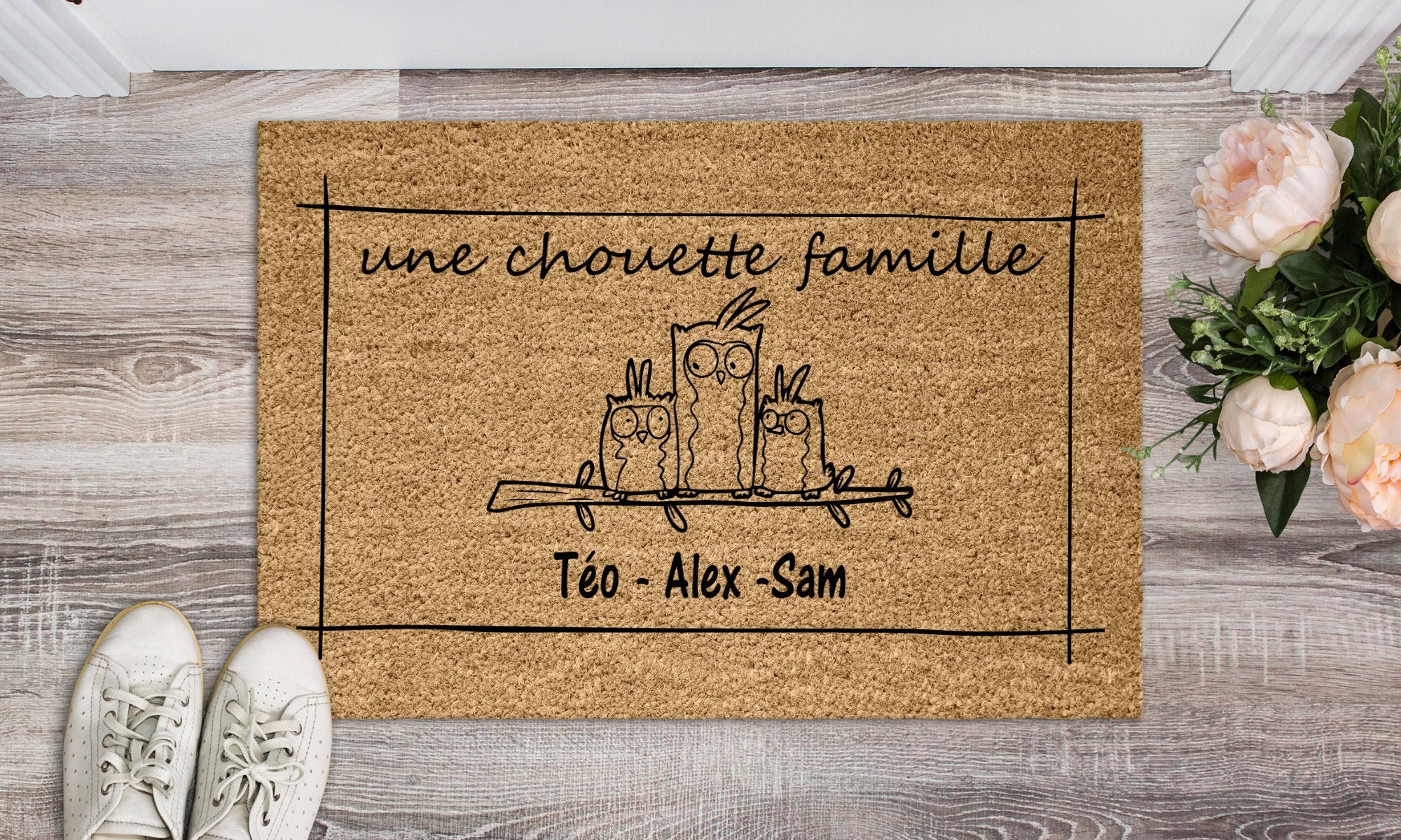 Paillassons Famille Chouette, Tapis d'entrée Personnalisable Prénom Enfant, Cadeau Fête Des Pères, P