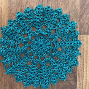 Handmade Crochet Doily | 8.5&quot; diameter | Peacock Blue | Vintage Crochet | Housewarming Gift