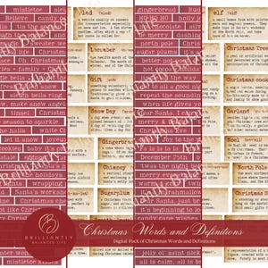 Pode incluir: Um pacote digital imprimível de palavras e definições de Natal. O pacote apresenta um design de estilo vintage com texto vermelho e branco sobre um fundo creme. As palavras incluem "visco", "pão de gengibre", "duende", "árvore de Natal", "Natal", "Polo Norte", "doces", "chaminé", "sinos de trenó", "dia de neve", "presente", "dezembro", "bastão de caramelo", "o bom velhinho Papai Noel", "Tudo está calmo, tudo está brilhante".