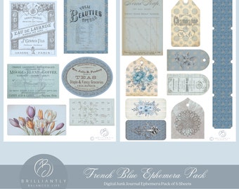 May include: A digital ephemera pack with a French blue theme. The pack includes various vintage-style labels, tags, and images, including a floral design, a tea label, and a soap label. The pack is perfect for adding a touch of vintage charm to your junk journals, planners, and other paper crafts.