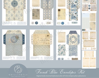 May include: A digital printable kit of six French blue envelopes with various patterns and designs. The kit includes ephemera such as a clock, flowers, and a key. The text "French Blue Envelopes Kit" and "Digital Junk Journal Ephemera Kit of 6 Envelopes plus ephemera" is included.