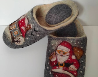 Handgefertigte Wollhausschuhe / Gefilzte Hausschuhe / Natürliche Öko-Wollhausschuhe mit Naturledersohle / Warmes Geschenk