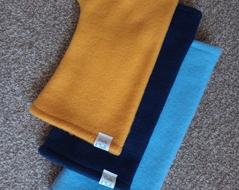 Fingerless Fleece Gloves, Fleece Mittens, Handwarmers, Fleece Wristwarmers Mustard/Navy/Cornflower Blue