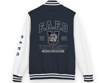 F.A.F.O University Letterman Jacket | Funny Varsity Jacket | Bulldog College Style Jacket | Streetwear Bomber | Navy Blue & Black Retro Coat