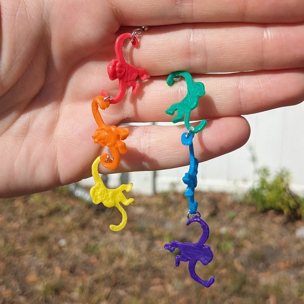 rainbow monkey chain earrings! No more monkeying around! Monkies in a barrel retro toy jewelry! Gay group of colorful mini monkies!