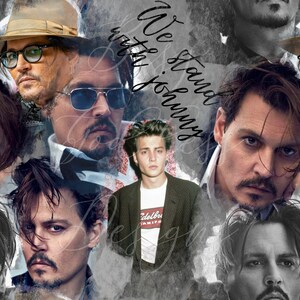 Puede incluir: Un collage de imágenes de Johnny Depp, con el texto "We stand with Johnny" superpuesto en las imágenes. Las imágenes son en blanco y negro y en color, y muestran a Depp a diferentes edades.