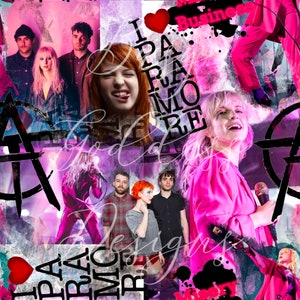May include: A collage of images featuring the band Paramore. The collage includes photos of the band members, their logo, and the words "I Paramore" and "Business". The background is a mix of pink, purple, and black.