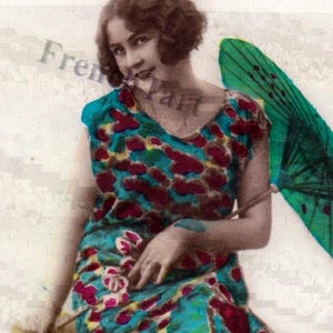 Années 30, Français, clapet, carte postale ancienne, plage, souvenir, femme, à, vert, parasol