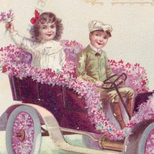 Zwei Postkarten 1914 Floral Automobiles Kindergeburtstag Grüße Flieder & Vergissmeinnuß