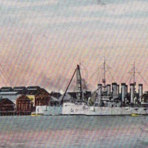 Cartão postal Cruzadores dos EUA Ilha Mare Califórnia Selo da World Pan-Pacific Expo