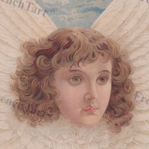 Große Viktorianische Handelskarte Chromolithographie Schwebender Engel mit weißen Flügeln