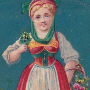 Victorian Scrap Christmas Woman In Dirndl With Poem 2 x 3 1/2