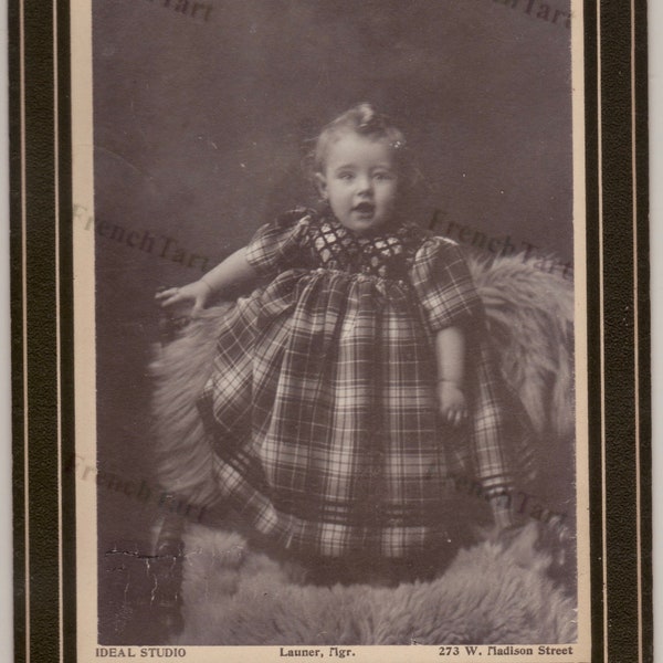 Victorian 1880s Sepia Photograph Adorable Baby In Plaid Dress Ideal Studio 5 x 7 inches