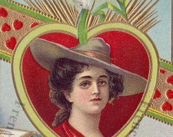 1913 St Valentine Groet Ansichtkaart Reliëf Gilt Heart Woman White Dove Samson Brothers Pub